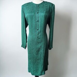 Vintage LIHLI Emerald Green Silk Dress Black Trim Polka Dot Button Front